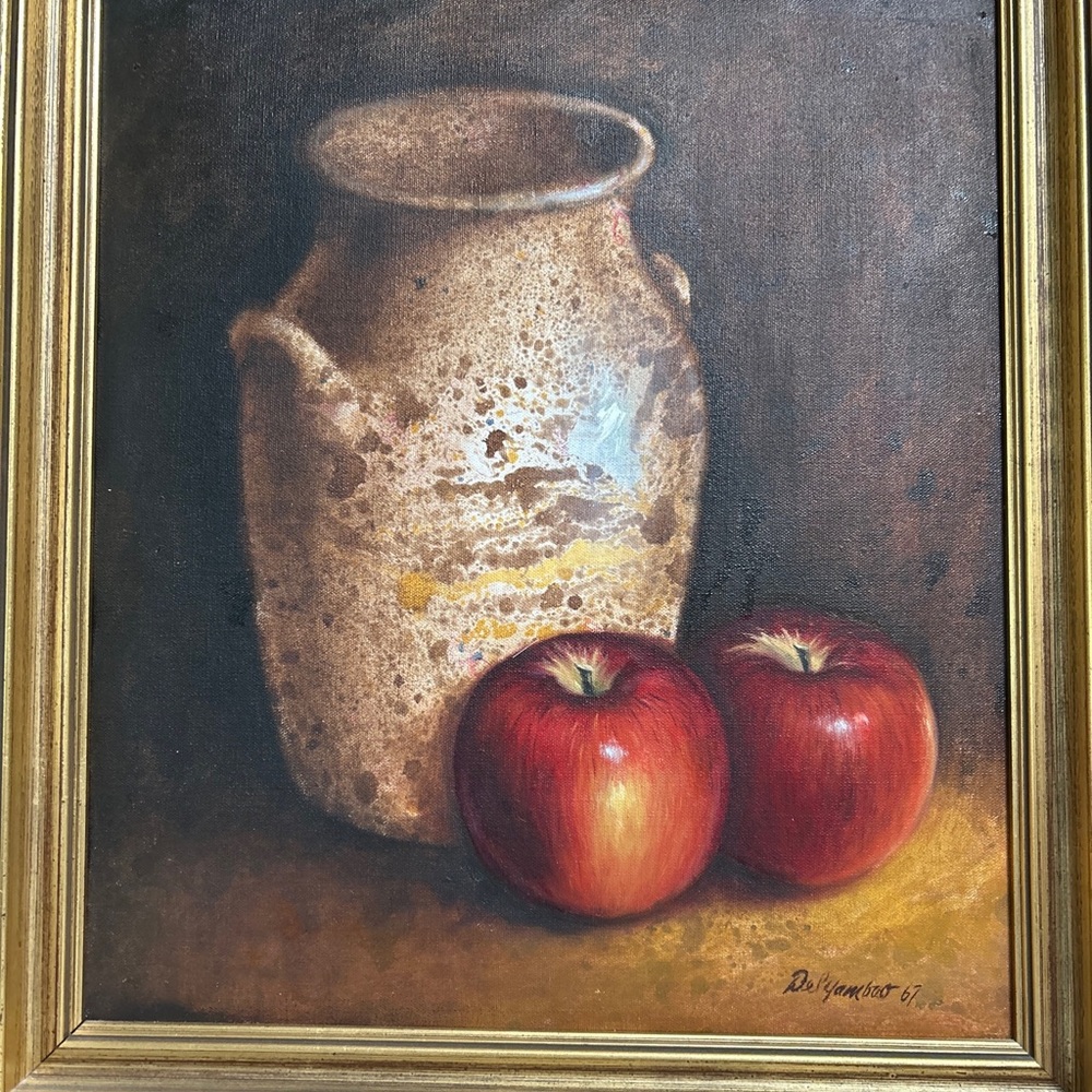 Delyamboo signed 1967 still life vase‎ and two apples